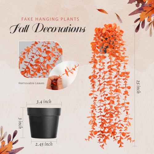 1Pcs Fake Fall Plants Hanging Orange Artificial Potted Faux Eucalyptus Plant Decorations for Fall Thanksgiving Bathroom Table Centerpiece Wall Kitchen Room Decor Indoor and Outdoor (Orange)