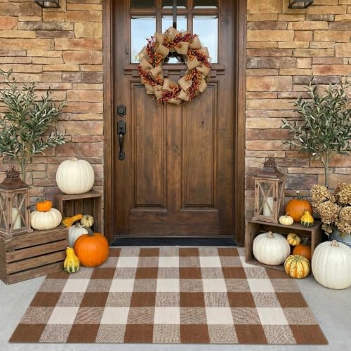 Fall Decor Buffalo Plaid Outdoor Rug 27.5x43 Coffee and White Front Door Mat (Coffee and White Plaid / 2'3" x 3'7" (Rectangular))