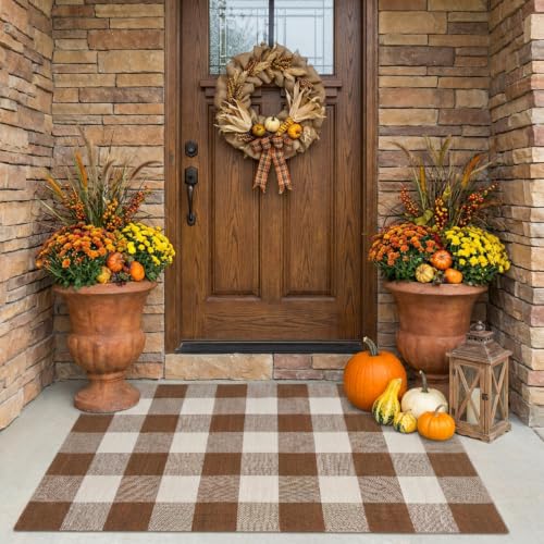 Fall Decor Buffalo Plaid Outdoor Rug 27.5x43 Coffee and White Front Door Mat (Coffee and White Plaid / 2'3" x 3'7" (Rectangular))