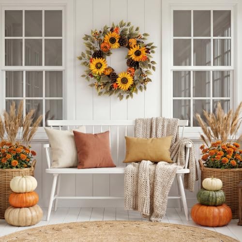 20" Fall Wreath Front Door Pumpkin Sunflower Pine Cones Wall Decor (Brown / 20'')