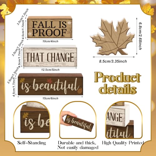 4 Pcs Fall Table Decoration for Home Wooden Neutral Maple Leaf (Fall is Proof That Change is Beautiful)