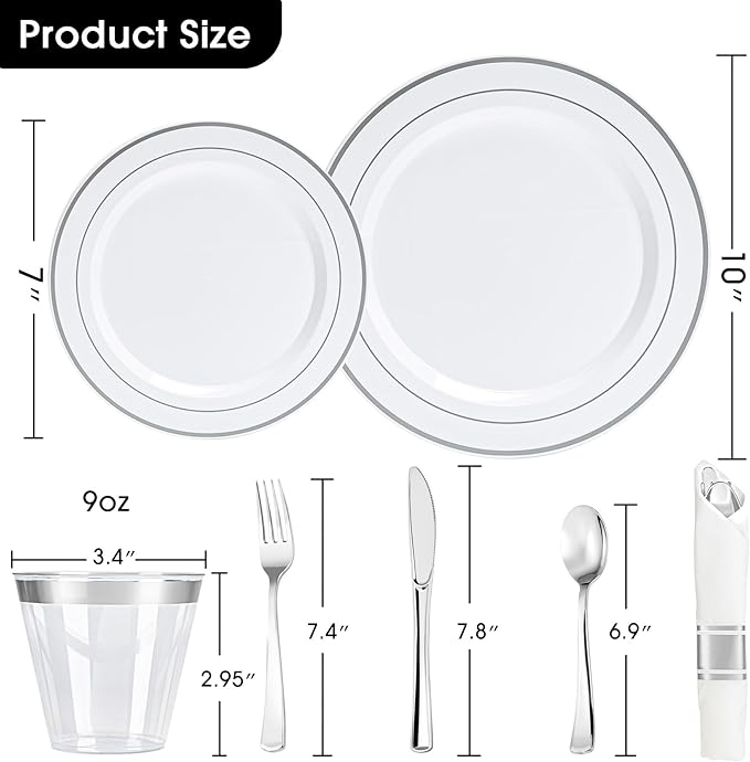350PCS Silver Plastic Plates Dinnerware Set, Thanksgiving Disposable Plates, 50 Dinner and 50 Dessert Plates, 50 Pre Rolled Napkins with Silverware and 50 Cups for Party and Wedding