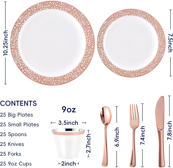 150 Count Rose Gold Dinnerware Set, Elegant Disposable Include: 25 Gold Lace Plastic Plates, 25 Dessert Plates, 25 Forks, 25 Knives, 25 Spoons, 25 Cups for Party, Thanksgiving