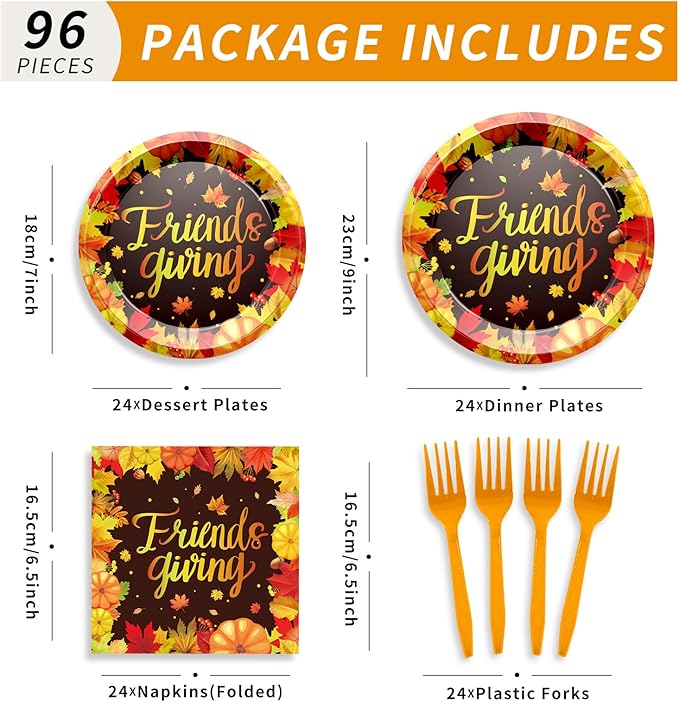 96 Pcs Friendsgiving Plates and Napkins Disposable Fall Thanksgiving Pattern Party Decorations Tableware for Autumn Harvest Friendsgiving Dinner Party Supplies