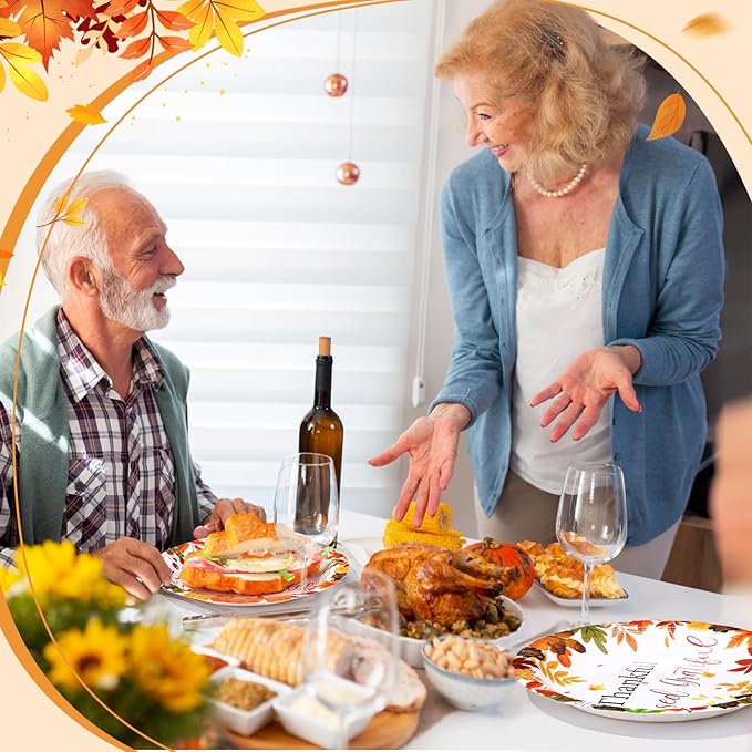 Funnymoom 60 Pcs 7 Inch Happy Friendsgiving Paper Plates Give Thanks Plates Decorations Fall Pumpkin Turkey Tableware for Autumn Harvest Thanksgiving Dinner BBQ Picnic Farmhouse Party Supplies