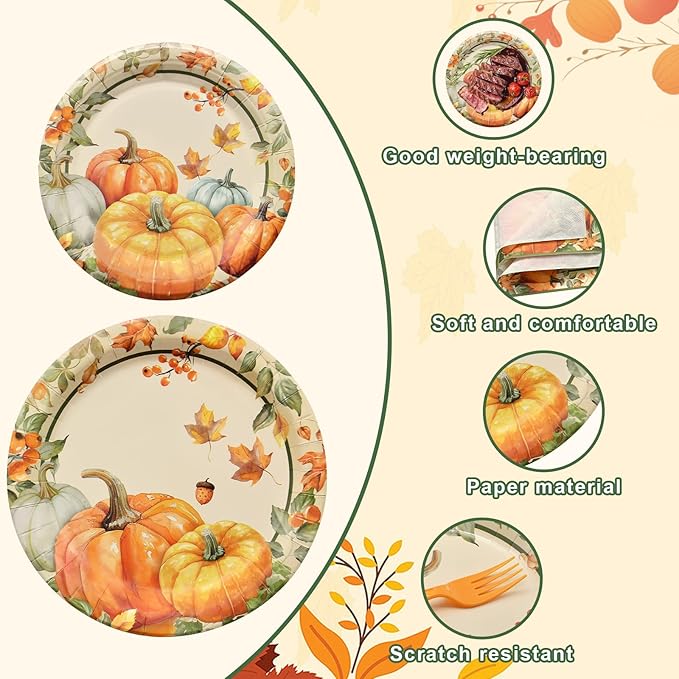 96 Pcs Thanksgiving Pumpkin Tableware Set – Disposable Fall Harvest Dinnerware with Rustic Paper Plates, Napkins, and Orange Forks for Thanksgiving Dinner, Friendsgiving, and Autumn Party – Serves 24