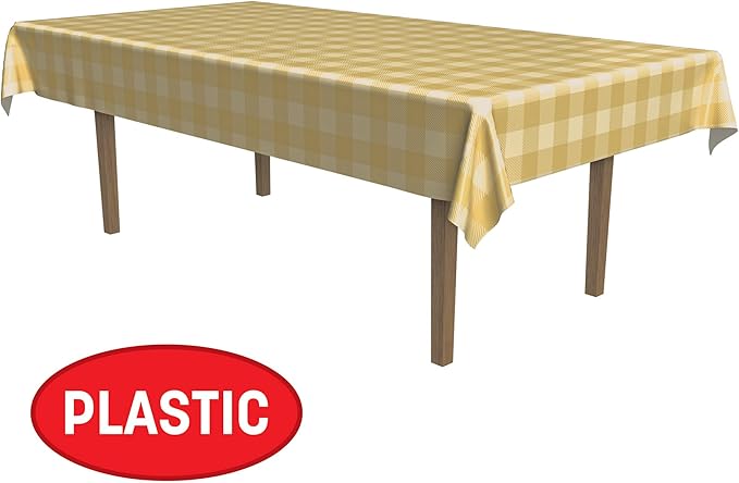 Beistle Plaid Tablecovers, 2 Pack– Plastic Rectangular Disposable Tablecloth, Beige and Tan Farmhouse Table Décor for Fall Picnics and Parties and Rustic Thanksgivings, 54” x 108”