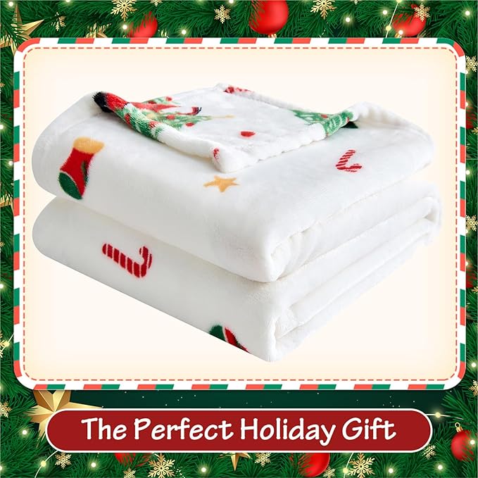 Edenleaf Christmas Blanket - White Holiday Throw with Santa Claus & Snowman - Warm Cozy Fleece Winter Blanket, 50x60 Inches???White