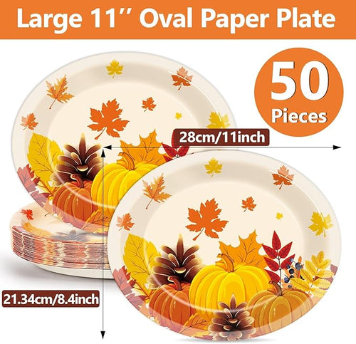 50 PCS Thanksgiving Oval Paper Plates Large 11” Disposable Thanksgiving Fall Party Decorations Heavy Duty Fall Maple Leaves Pumpkin Dessert Plates Supplies for Thanksgiving Autumn Party Tableware Set