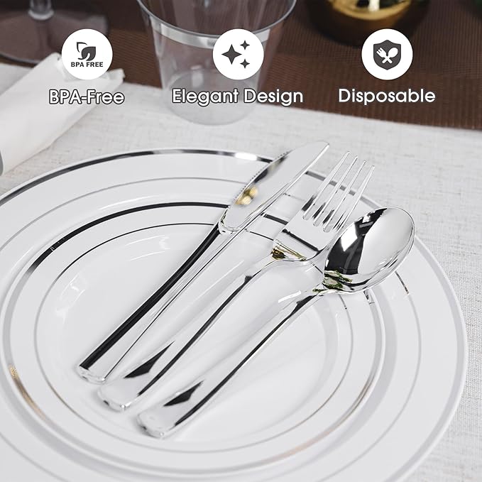350PCS Silver Plastic Plates Dinnerware Set, Thanksgiving Disposable Plates, 50 Dinner and 50 Dessert Plates, 50 Pre Rolled Napkins with Silverware and 50 Cups for Party and Wedding