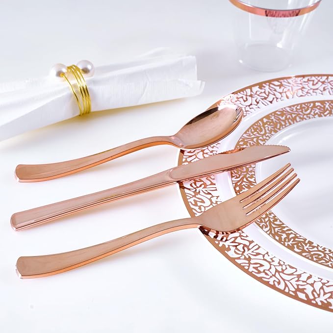150 Count Rose Gold Dinnerware Set, Elegant Disposable Include: 25 Gold Lace Plastic Plates, 25 Dessert Plates, 25 Forks, 25 Knives, 25 Spoons, 25 Cups for Party, Thanksgiving