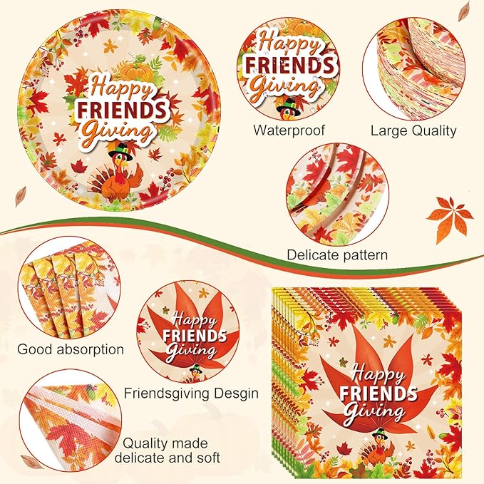 Funnymoom 452 Pcs Happy Friendsgiving Party Decoration for 50, Fall Maple Leaf Friends Giving Paper Plates Napkins Cups Tablecloth Cutlery Straws for Autumn Friendsgiving Thanksgiving Party Supplies