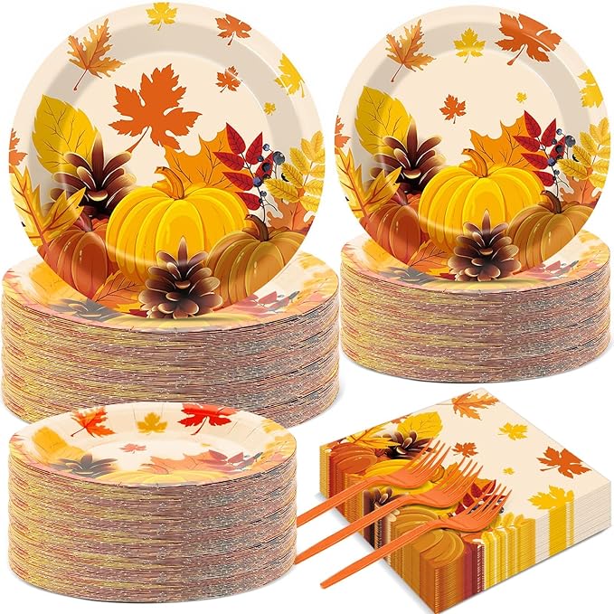 50 Guests Thanksgiving Fall Plates and Napkins Party Supplies Autumn Leaves Disposable Tableware Set Pumpkin Maple Party Decorations Favors for Fall Theme Birthday,200PCS