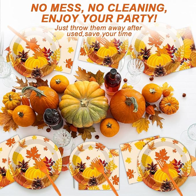50 Guests Thanksgiving Fall Plates and Napkins Party Supplies Autumn Leaves Disposable Tableware Set Pumpkin Maple Party Decorations Favors for Fall Theme Birthday,200PCS