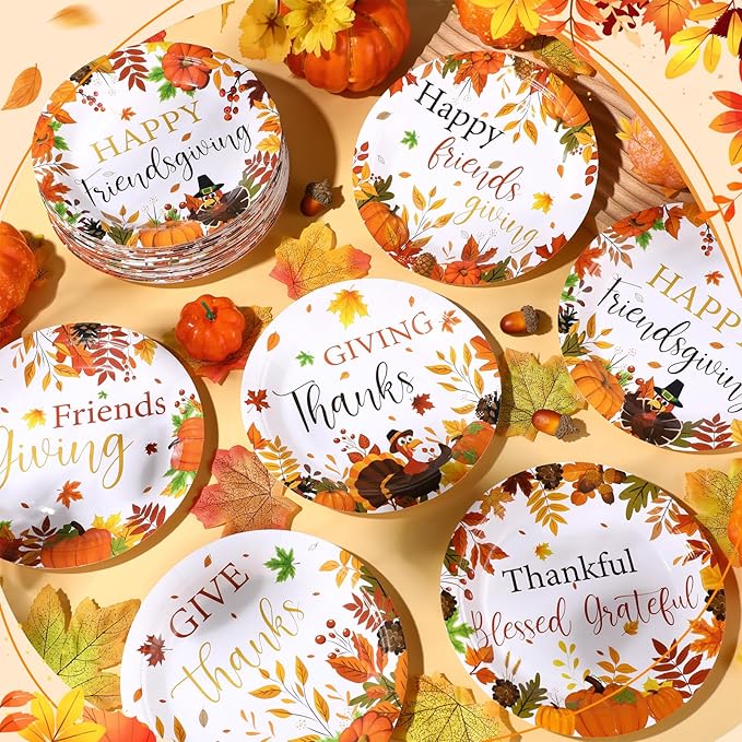 Funnymoom 60 Pcs 7 Inch Happy Friendsgiving Paper Plates Give Thanks Plates Decorations Fall Pumpkin Turkey Tableware for Autumn Harvest Thanksgiving Dinner BBQ Picnic Farmhouse Party Supplies
