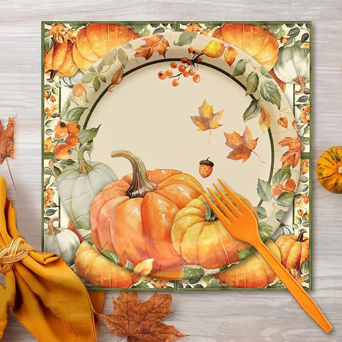 96 Pcs Thanksgiving Pumpkin Tableware Set – Disposable Fall Harvest Dinnerware with Rustic Paper Plates, Napkins, and Orange Forks for Thanksgiving Dinner, Friendsgiving, and Autumn Party – Serves 24