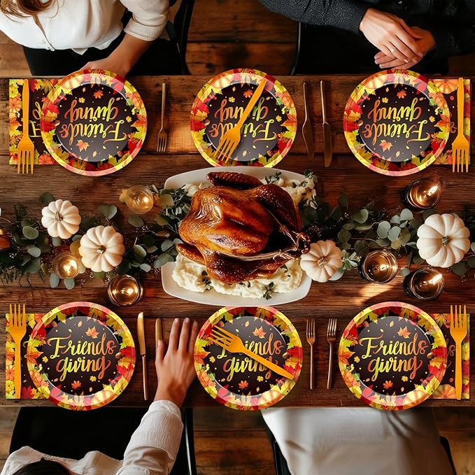 96 Pcs Friendsgiving Plates and Napkins Disposable Fall Thanksgiving Pattern Party Decorations Tableware for Autumn Harvest Friendsgiving Dinner Party Supplies