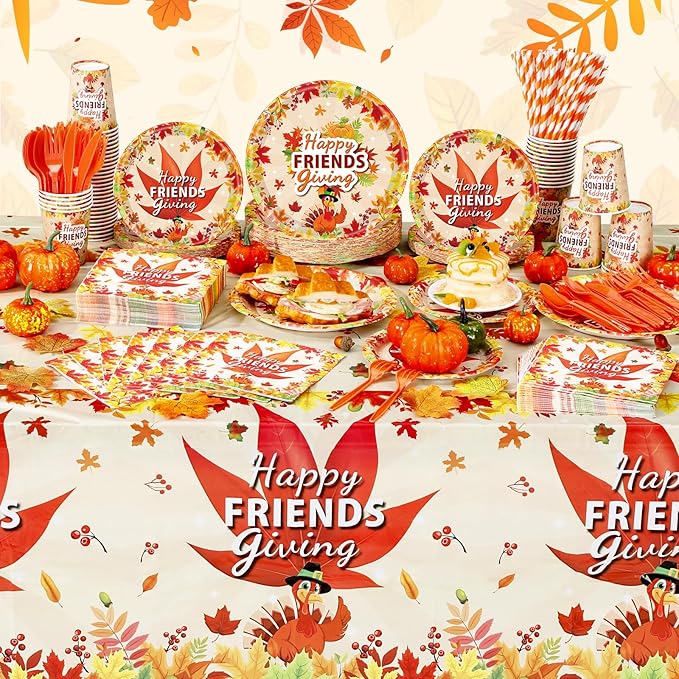 Funnymoom 452 Pcs Happy Friendsgiving Party Decoration for 50, Fall Maple Leaf Friends Giving Paper Plates Napkins Cups Tablecloth Cutlery Straws for Autumn Friendsgiving Thanksgiving Party Supplies