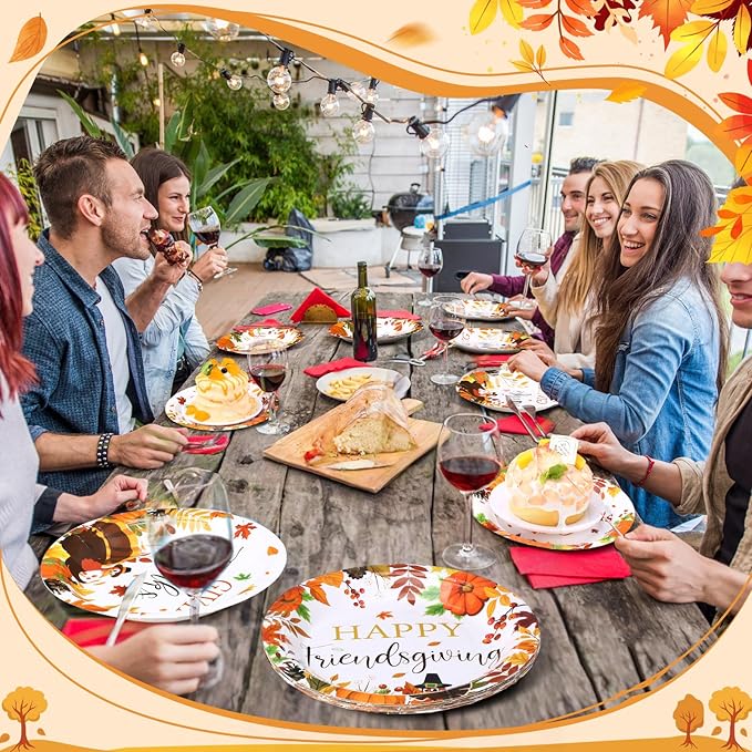 Funnymoom 60 Pcs 7 Inch Happy Friendsgiving Paper Plates Give Thanks Plates Decorations Fall Pumpkin Turkey Tableware for Autumn Harvest Thanksgiving Dinner BBQ Picnic Farmhouse Party Supplies