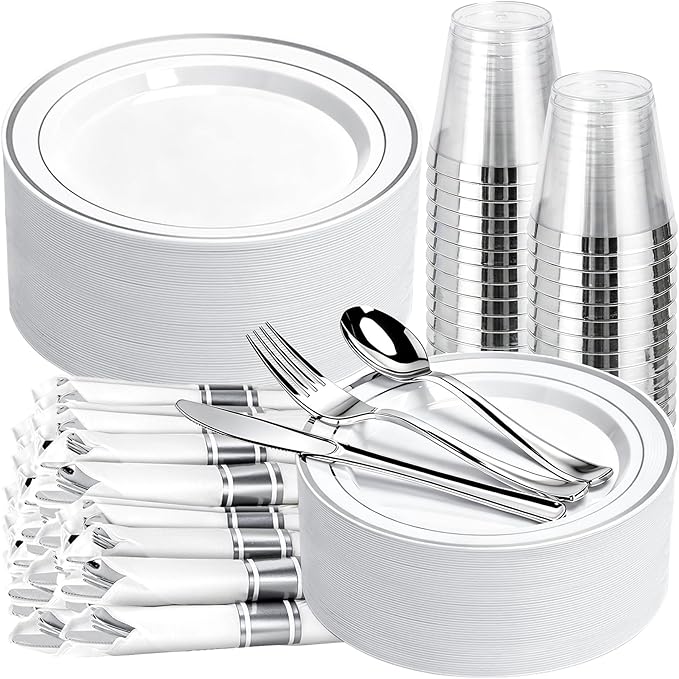 350PCS Silver Plastic Plates Dinnerware Set, Thanksgiving Disposable Plates, 50 Dinner and 50 Dessert Plates, 50 Pre Rolled Napkins with Silverware and 50 Cups for Party and Wedding