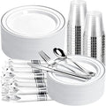 350PCS Silver Plastic Plates Dinnerware Set, Thanksgiving Disposable Plates, 50 Dinner and 50 Dessert Plates, 50 Pre Rolled Napkins with Silverware and 50 Cups for Party and Wedding