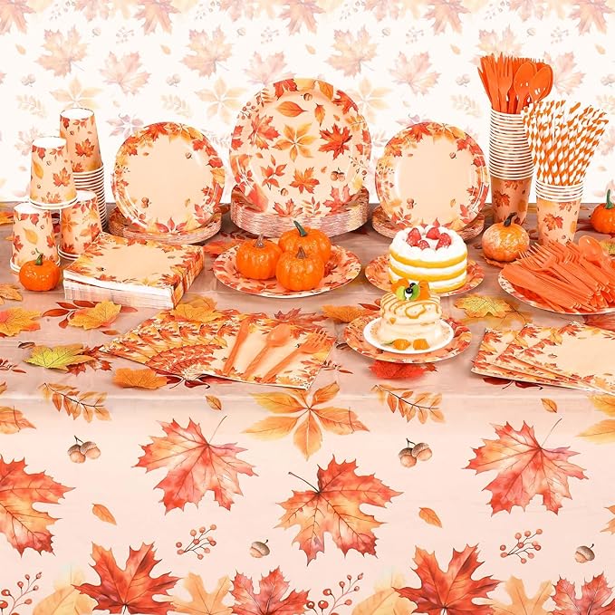 Funnymoom 452 Pcs Thanksgiving Fall Party Decorations, Maple Leaves Thanksgiving Paper Plates Napkins Cups Tablecloth Cutlery Straws for Autumn Fall Theme Birthday Holiday Party Supplies, Serves 50