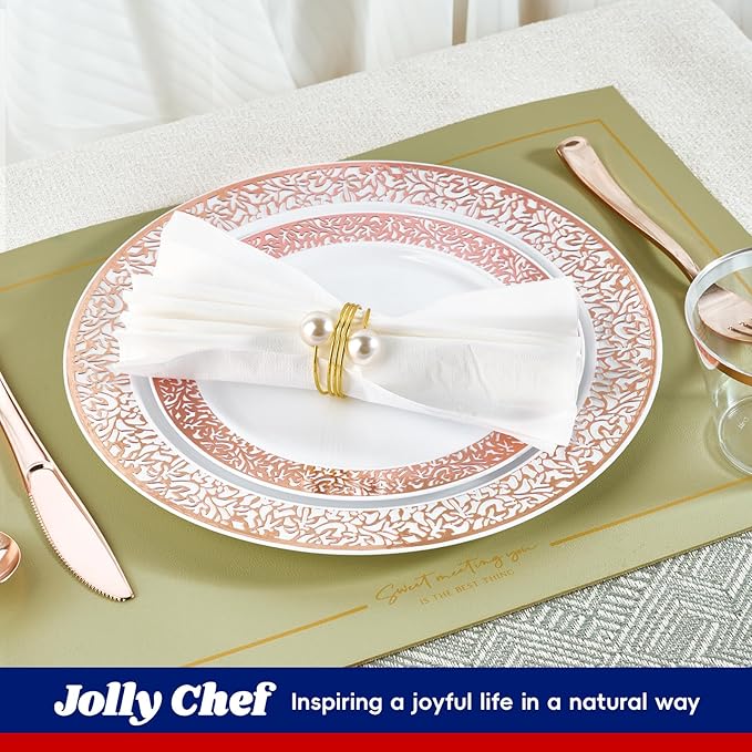 150 Count Rose Gold Dinnerware Set, Elegant Disposable Include: 25 Gold Lace Plastic Plates, 25 Dessert Plates, 25 Forks, 25 Knives, 25 Spoons, 25 Cups for Party, Thanksgiving