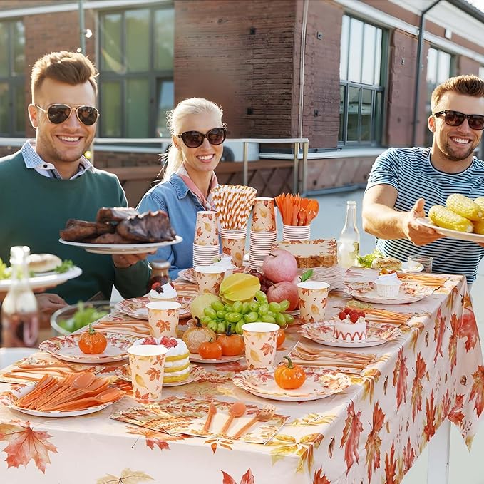 Funnymoom 452 Pcs Thanksgiving Fall Party Decorations, Maple Leaves Thanksgiving Paper Plates Napkins Cups Tablecloth Cutlery Straws for Autumn Fall Theme Birthday Holiday Party Supplies, Serves 50