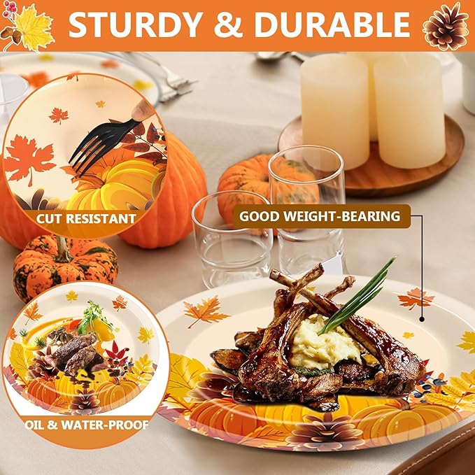 50 PCS Thanksgiving Oval Paper Plates Large 11” Disposable Thanksgiving Fall Party Decorations Heavy Duty Fall Maple Leaves Pumpkin Dessert Plates Supplies for Thanksgiving Autumn Party Tableware Set