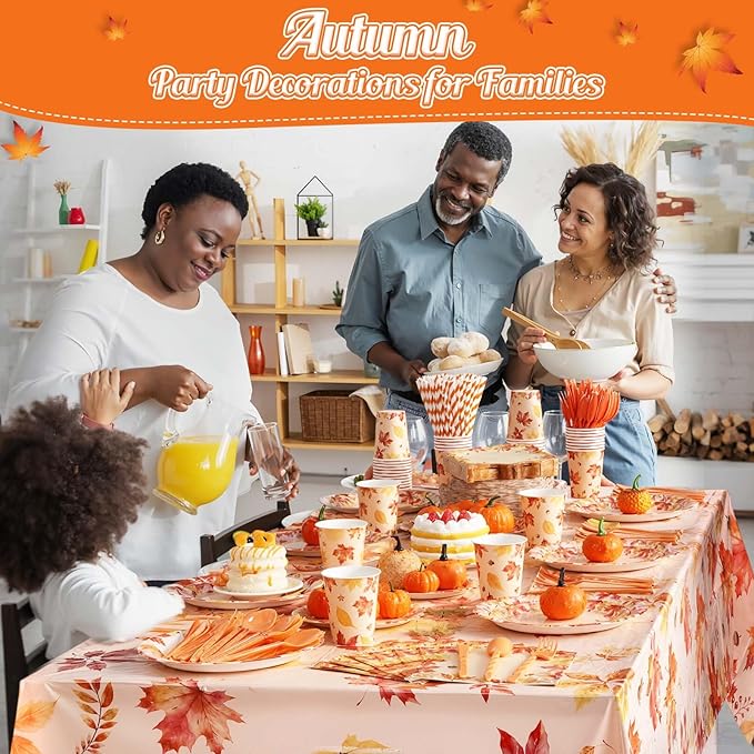 Funnymoom 452 Pcs Thanksgiving Fall Party Decorations, Maple Leaves Thanksgiving Paper Plates Napkins Cups Tablecloth Cutlery Straws for Autumn Fall Theme Birthday Holiday Party Supplies, Serves 50