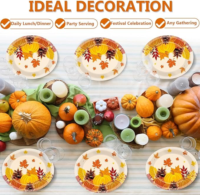 50 PCS Thanksgiving Oval Paper Plates Large 11” Disposable Thanksgiving Fall Party Decorations Heavy Duty Fall Maple Leaves Pumpkin Dessert Plates Supplies for Thanksgiving Autumn Party Tableware Set