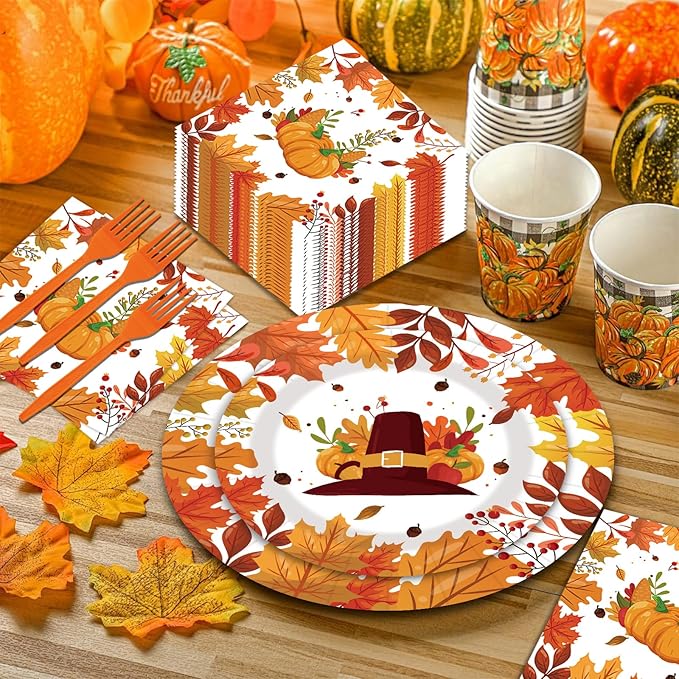 80pcs Thanksgiving Paper Plates and Napkins Forks Fall Dinner Cake Plates Autumn Leaves Pumpkin Party Decorations for Fall Thanksgiving Holiday Wedding Birthday,Serves 20