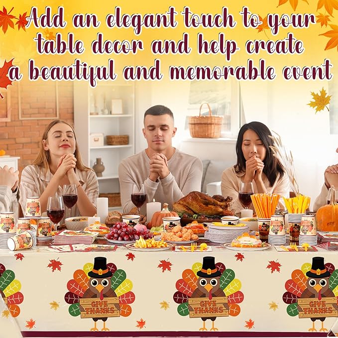 Potchen 452 Pcs Party Supplies Serve 50 Guests, Paper Plates Napkins Cups Cutlery Plastic Tablecloth Dinnerware for Birthday Wedding Party Decoration (Orange Maroon, Thanksgiving Turkey)