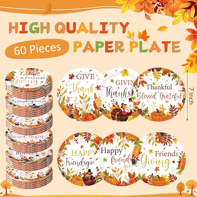 Funnymoom 60 Pcs 7 Inch Happy Friendsgiving Paper Plates Give Thanks Plates Decorations Fall Pumpkin Turkey Tableware for Autumn Harvest Thanksgiving Dinner BBQ Picnic Farmhouse Party Supplies