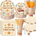 Potchen 452 Pcs Party Supplies Serve 50 Guests, Paper Plates Napkins Cups Cutlery Plastic Tablecloth Dinnerware for Birthday Wedding Party Decoration (Harvest Color, Happy Thanksgiving)