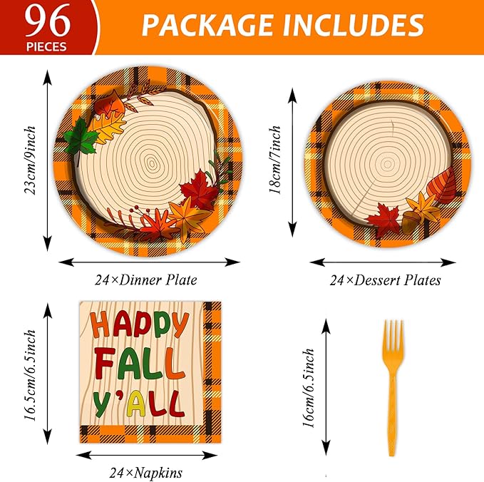chiazllta 96 Pcs Thanksgiving Party Paper Plate and Napkins Fall Tableware Kit Disposable Plates Napkins Set Thanksgiving Plaid Decorations Paper Plates Napkins Forks for Party Favors 24 Guests