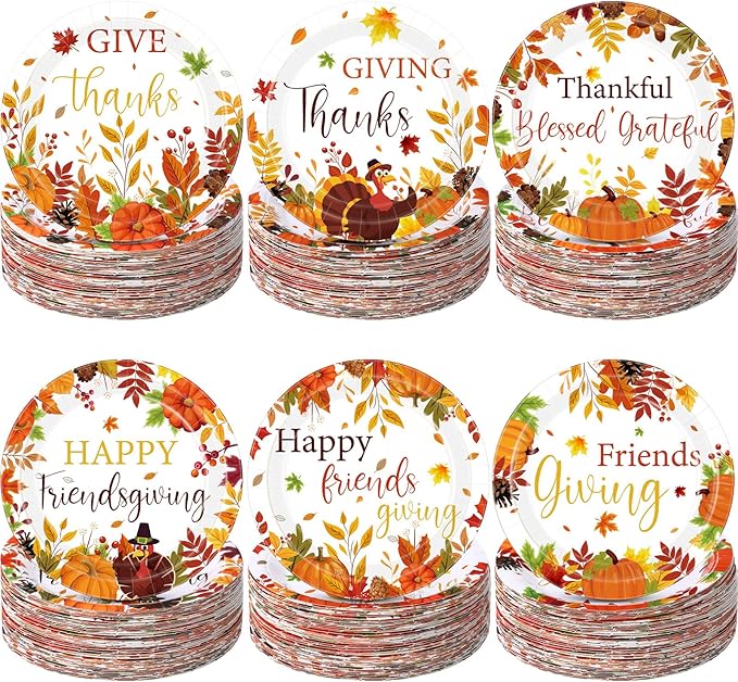 Funnymoom 60 Pcs 7 Inch Happy Friendsgiving Paper Plates Give Thanks Plates Decorations Fall Pumpkin Turkey Tableware for Autumn Harvest Thanksgiving Dinner BBQ Picnic Farmhouse Party Supplies