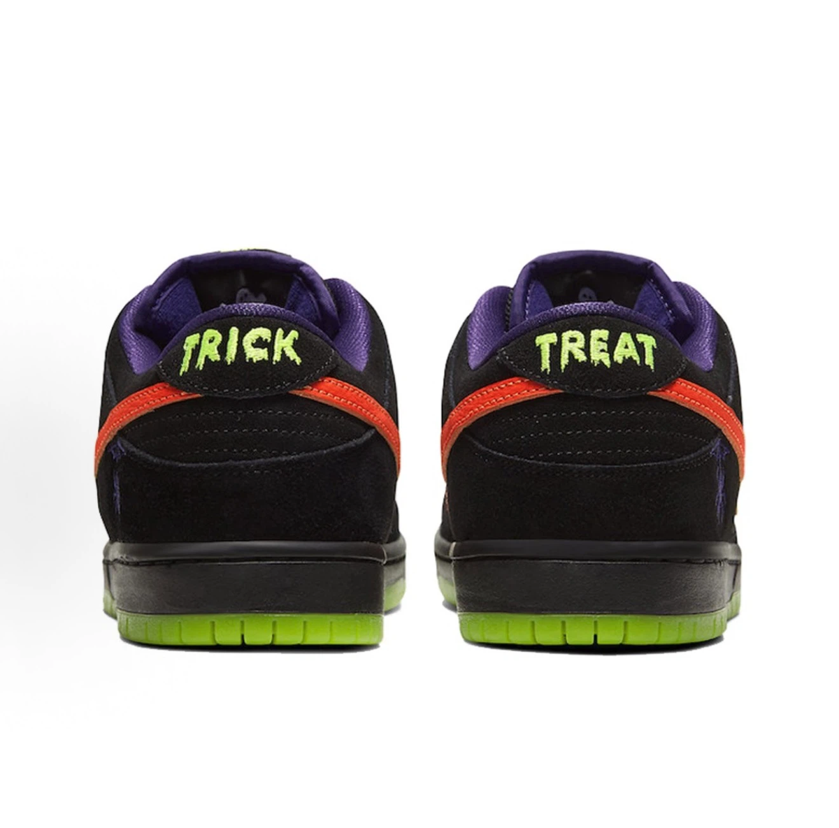 Men’s Dunk Low sneakers with military-inspired patchwork upper, featuring brown, black and olive green suede and canvas materials. Visible stitching details, black Swoosh and gum rubber outsole, perfect for Halloween vintage streetwear.