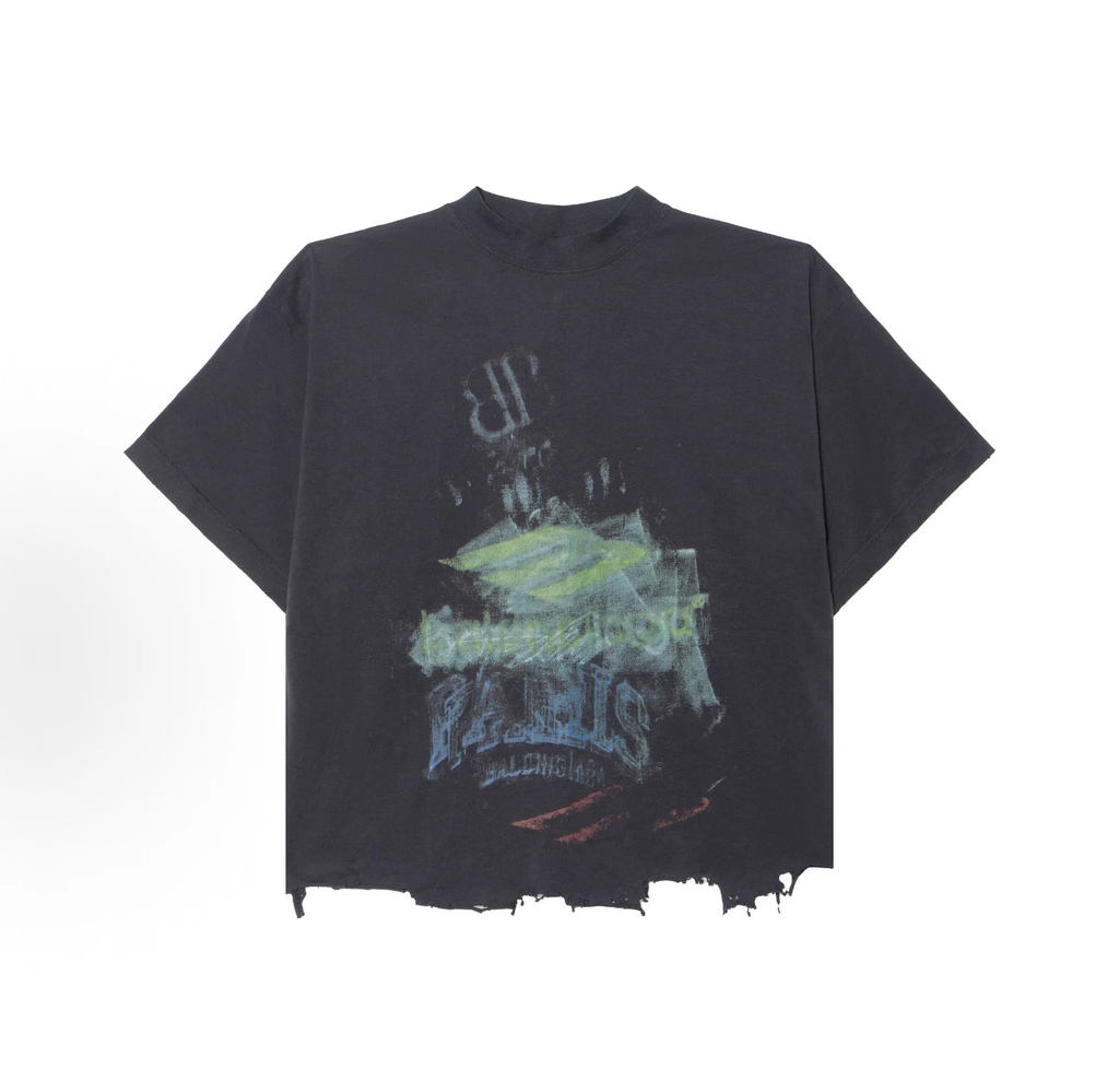 Balenciaga DIY Imprint Cropped T-Shirt, Frayed Raw Hem Distressed Black Halloween Graphic Tee