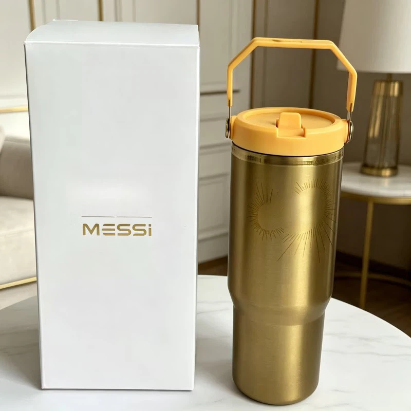 Stanley x Messi Limited Edition Gold Tumbler, 40oz (1.18L), Double-Wall Vacuum Insulated 304 Stainless Steel Water Cup with Straw & Handle, Keeps Cold & Hot, Great for Car, Commute & Outdoor
