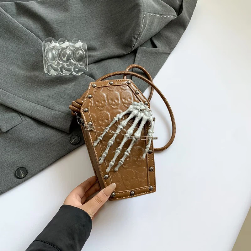 Gothic Coffin Crossbody Bag, Skull Embossed Purse with 3D Skeleton Hand
