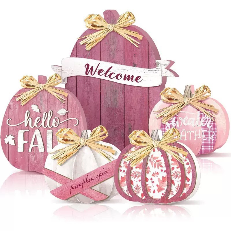 Fall Wooden Pumpkin Table Decor Set of 5, Rustic Farmhouse Pumpkin Sign with Bow, Thanksgiving Harvest Tiered Tray Decor for Home Tabletop