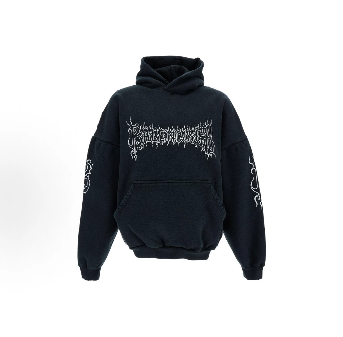 Balenciaga Gothic Flame Logo Hoodie, Washed Black Halloween Streetwear Oversized Hoodie
