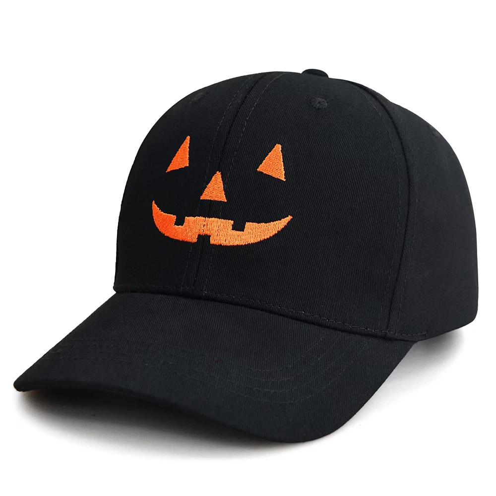 Halloween Black Dad Hat with Orange Jack O Lantern Pumpkin Face Embroidery