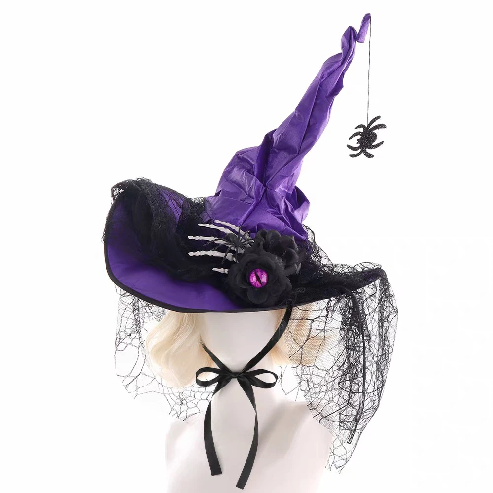 Halloween Witch Hat with Spider & Evil Eye Decor, Lace Veil Wizard Costume Hat