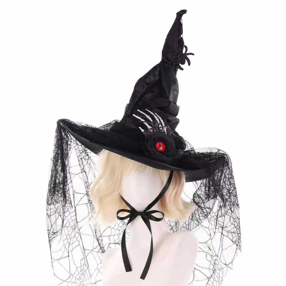 Halloween Witch Hat with Spider & Evil Eye Decor, Lace Veil Wizard Costume Hat