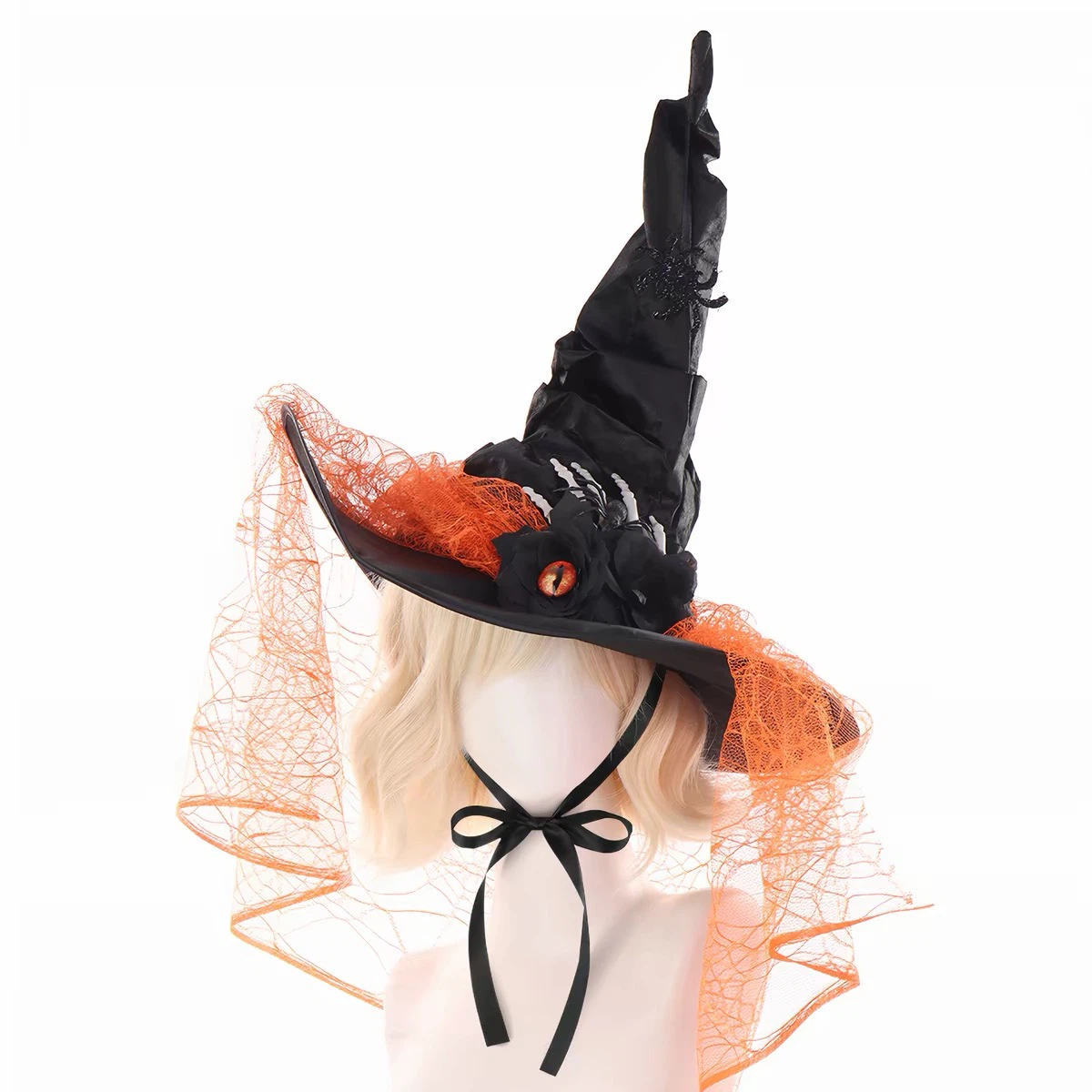 Halloween Witch Hat with Spider & Evil Eye Decor, Lace Veil Wizard Costume Hat